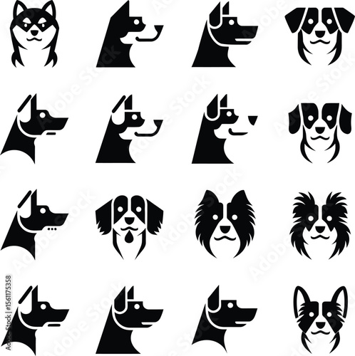 Silhouette vector illustration set of bold dog faces in full black icon style showing variety of breeds