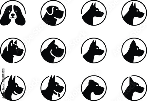 Silhouette vector illustrations of dog heads in square and circular icon format featuring pet face diversity