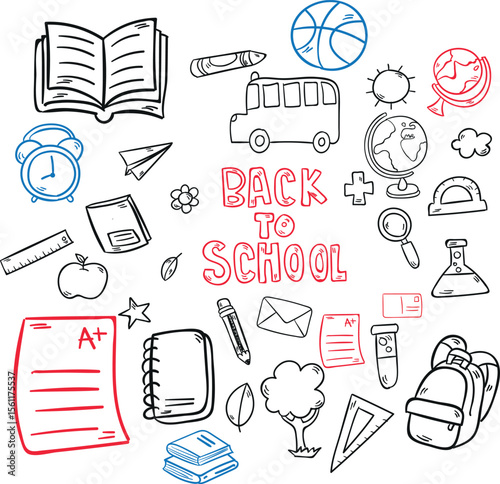 Back to school flat icons set with school building, backpack, timetable, and writing tools for students