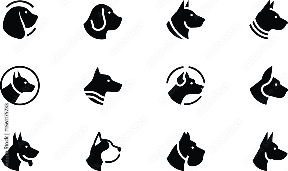 Fototapeta premium Silhouette vector pack of dog faces with rounded frame icons representing various friendly dog breeds