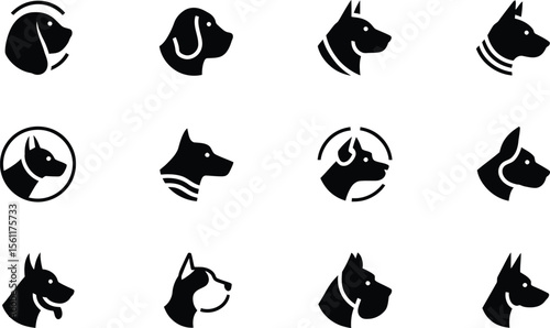 Silhouette vector pack of dog faces with rounded frame icons representing various friendly dog breeds