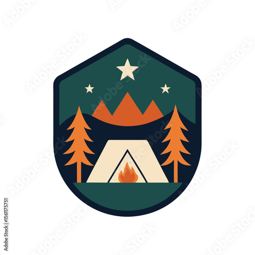 Camping scene emblem with night sky tent and warm firelight silhouette  
