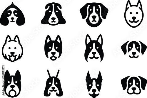 Silhouette vector cartoon dog face icons featuring front view breed characters with bold expressions and shape