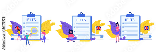 English Proficiency Test and Exam. IELTS International English Language Testing System. Vector illustration set, collection.