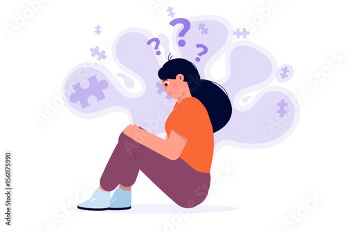 Psychological diseases concept. Depressed, sad woman sitting on floor. Vector illustrations for banner, website, landing page, flyer.