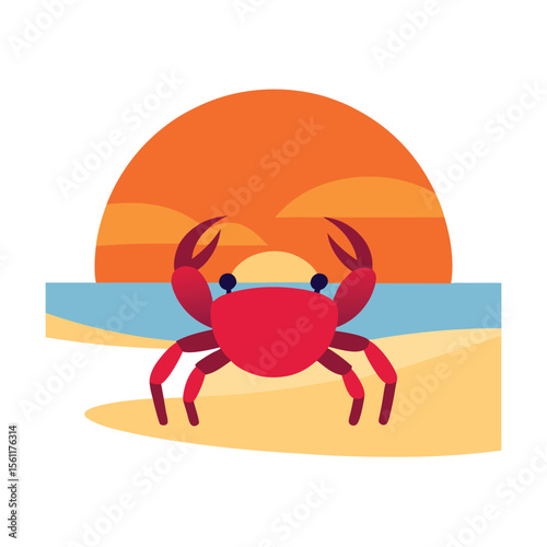 Beach crab vector art walking at sunset with vivid sky and ocean design  