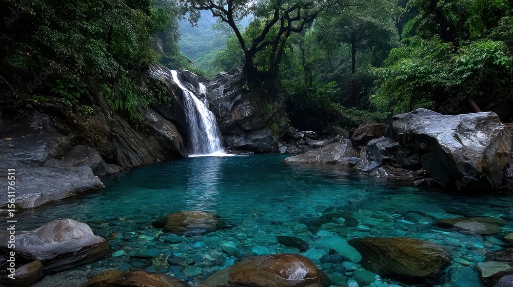 Tranquil waterfall cascading into a serene turquoise pool nestled within lush green forest Tranquil waterfall cascading into a serene turquoise pool nestled within lush green forest