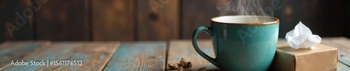Close-up of a steaming mug beside a box of tissues on a rustic wooden table, indicative of a winter cough and cold remedy Perfect for blogs, websites, or health-related content , alternative, care