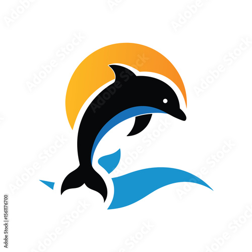 Jumping dolphin vector over sunset ocean wave in scenic marine artwork  