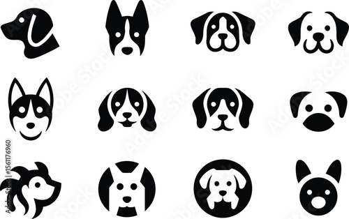 Silhouette vector character set of happy dog face icons featuring pet head illustrations in multiple styles