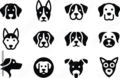Silhouette vector cartoon icon of dogs representing multiple breeds in simplified round and flat design format