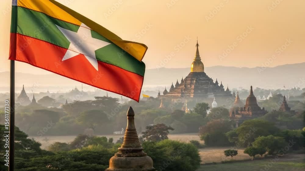 Myanmar's Flag Waves Over Ancient Temples at Sunrise