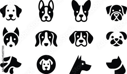 Silhouette vector flat design of dog illustrations with cartoon face types showing happy and expressive animals