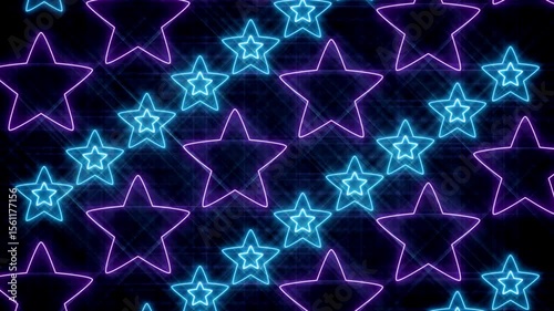 Abstract glowing neon star shapes, Shining bright beautifully glowing on a black background.