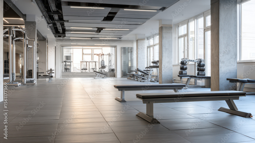 Fototapeta premium Modern fitness equipment in a sleek arrangement, symbolizing strength and precision in wellness.