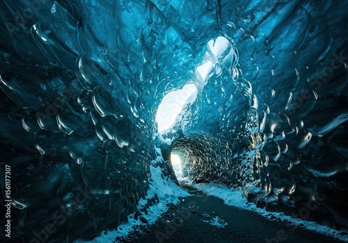A mesmerizing view inside a glacial ice cave, showcasing its intricate blue formations and a tunnel leading to a bright exit.