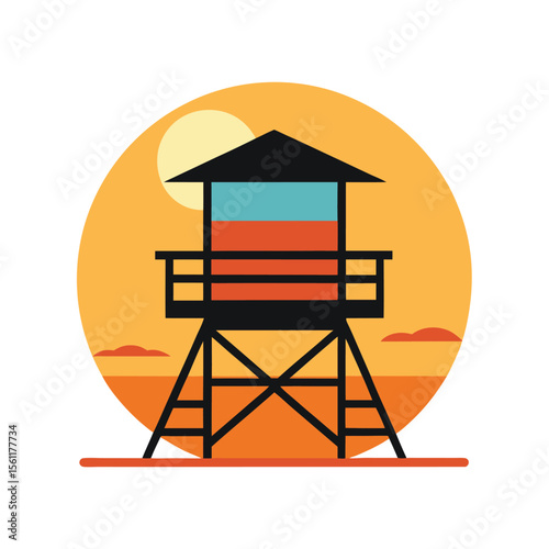 Beach lifeguard tower in golden sunset view with summer safety concept  