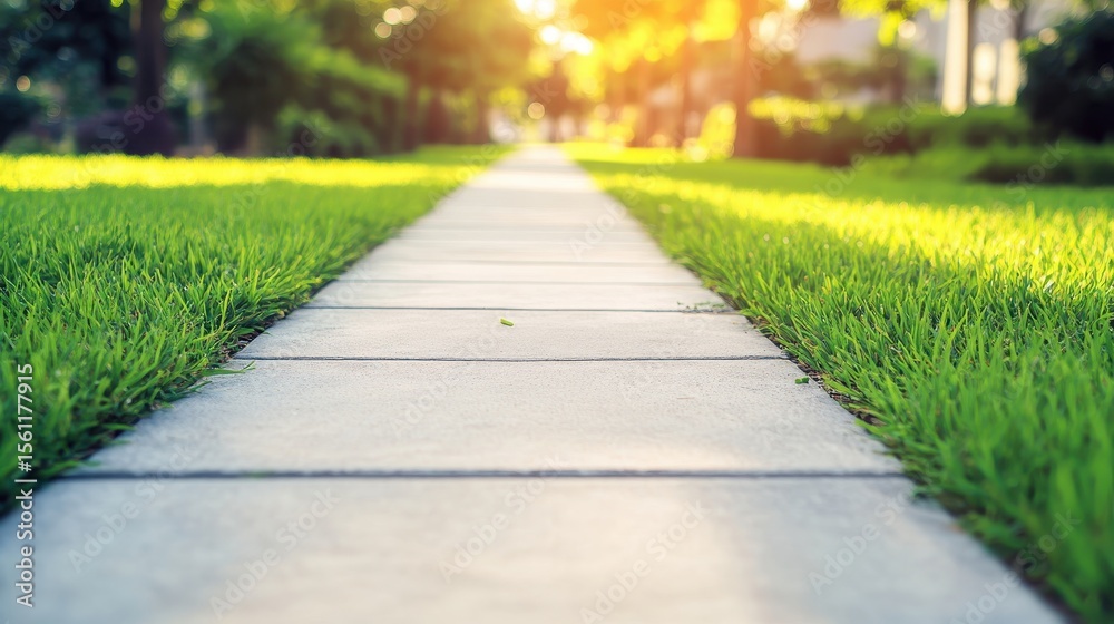 Obraz premium Pathway lined with lush green grass on a sunny day.