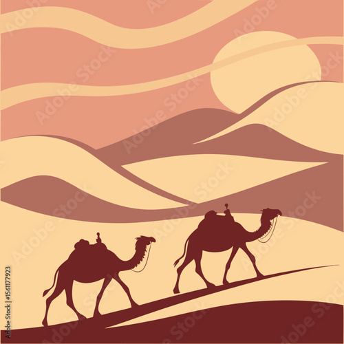 Camel Caravan Silhouette in Desert at Night with Full Moon