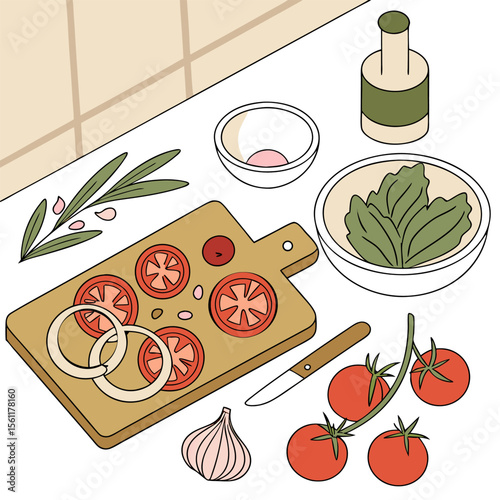 Still life with tomatoes, onions, garlic, and greens on a cutting board on a white kitchen counter