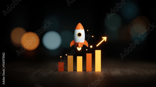 Rocket Taking Off Surrounded by Glowing Financial Growth Elements