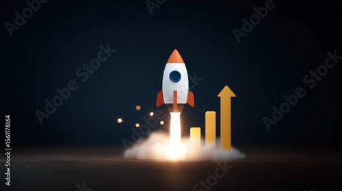 Rocket Taking Off Surrounded by Glowing Financial Growth Arrows
