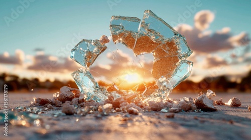casting prismatic shadows and glass shard reflections on a dusty floor
