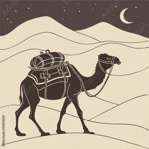 Camel Caravan Silhouette in Desert at Night with Full Moon