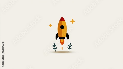 Minimal Vector Icon of a Rocket Launching with Spark and Plants