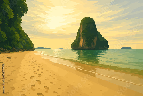 This digital illustration portrays a tranquil tropical beach during golden hour, rendered in a clean, lineless Adobe Illustrator style. The scene features a soft sandy shore lined with footprints, gen