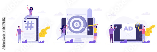 Cross-posting social, Social network, media promotion, push advertising concept. Flat Vector illustrations set for banner, website, landing page, flyer.