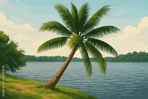 This vector-style illustration showcases a serene tropical riverside scene featuring a single coconut palm tree leaning gracefully over calm blue water. The sky is dotted with soft white clouds, and d