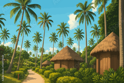 This is a vibrant digital illustration of a tropical village scene. The image features several small thatched-roof huts surrounded by lush green vegetation and towering coconut palm trees under a brig