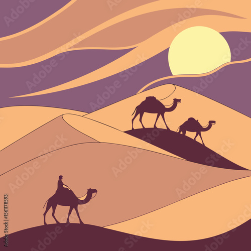Camel Caravan Silhouette in Desert at Night with Full Moon