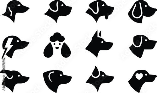 Silhouette vector minimal cartoon dog head pack showing side profile illustrations of different breeds