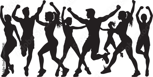 Silhouetted group of people joyfully dancing and celebrating with energetic movements depicted in black color.
