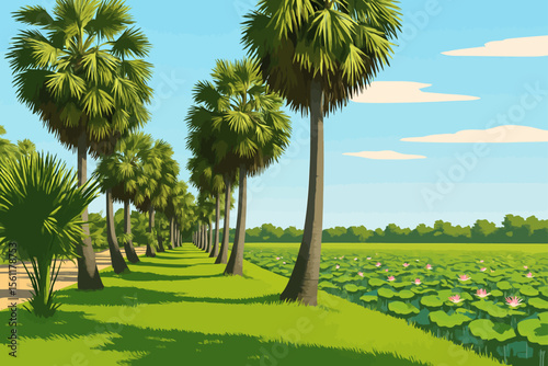 This is a digital illustration in a clean, lineless Adobe Illustrator style, depicting a peaceful rural landscape. A long row of tall palm trees stretches into the distance, casting soft shadows on th