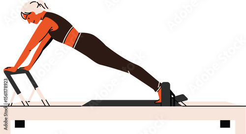 Pilates illustration of a woman stretching using a reformer machine, ideal for wellness and fitness content.