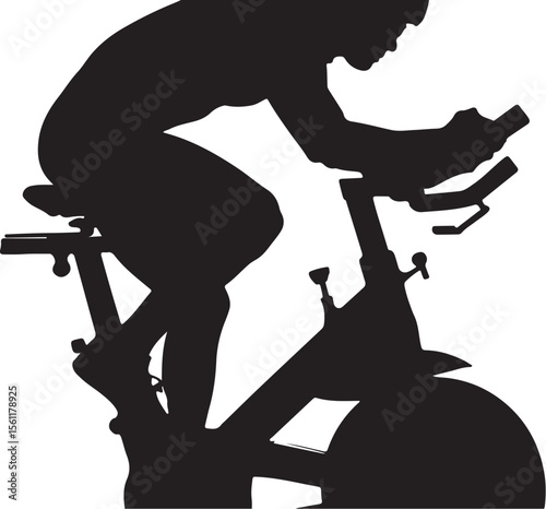 Silhouette of a person riding an indoor cycling bike representing fitness exercise and healthy lifestyle choices with determination