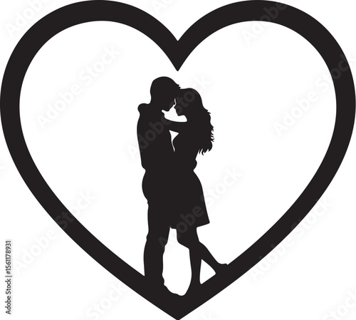 Romantic silhouette of a loving couple embracing within a heart frame ideal for valentine's day or wedding designs