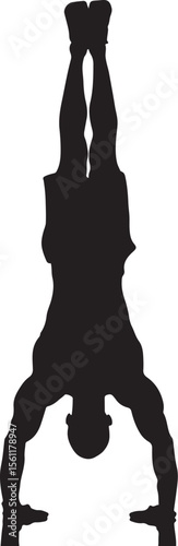 Silhouette of a muscular athlete performing a handstand exercise demonstrating strength and balance in isolated vector form