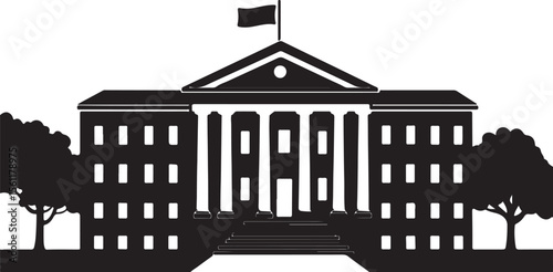 Simple black and white vector illustration depicting the iconic silhouette of a government building or institution