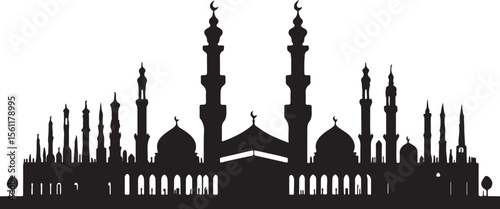 Silhouette of an islamic mosque with minarets and domes depicting religious architecture and culture