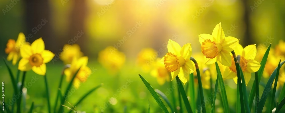 Fototapeta premium Vibrant yellow daffodils blooming in a lush green spring meadow, bathed in warm sunlight Perfect for spring themes, Easter, and nature imagery , narcissus, vibrant, beauty
