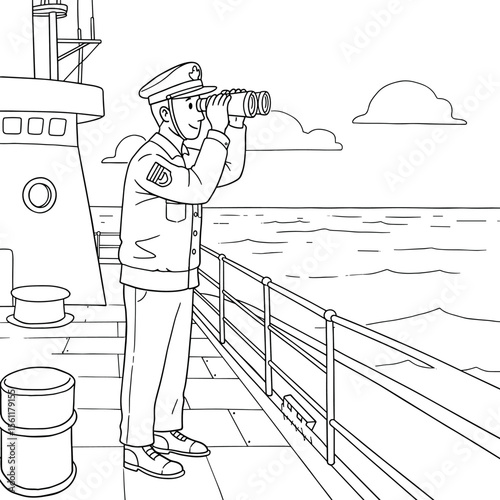 A sailor in uniform scans the sea from a ship’s deck using binoculars, surrounded by railings and maritime equipment under a partly cloudy sky.