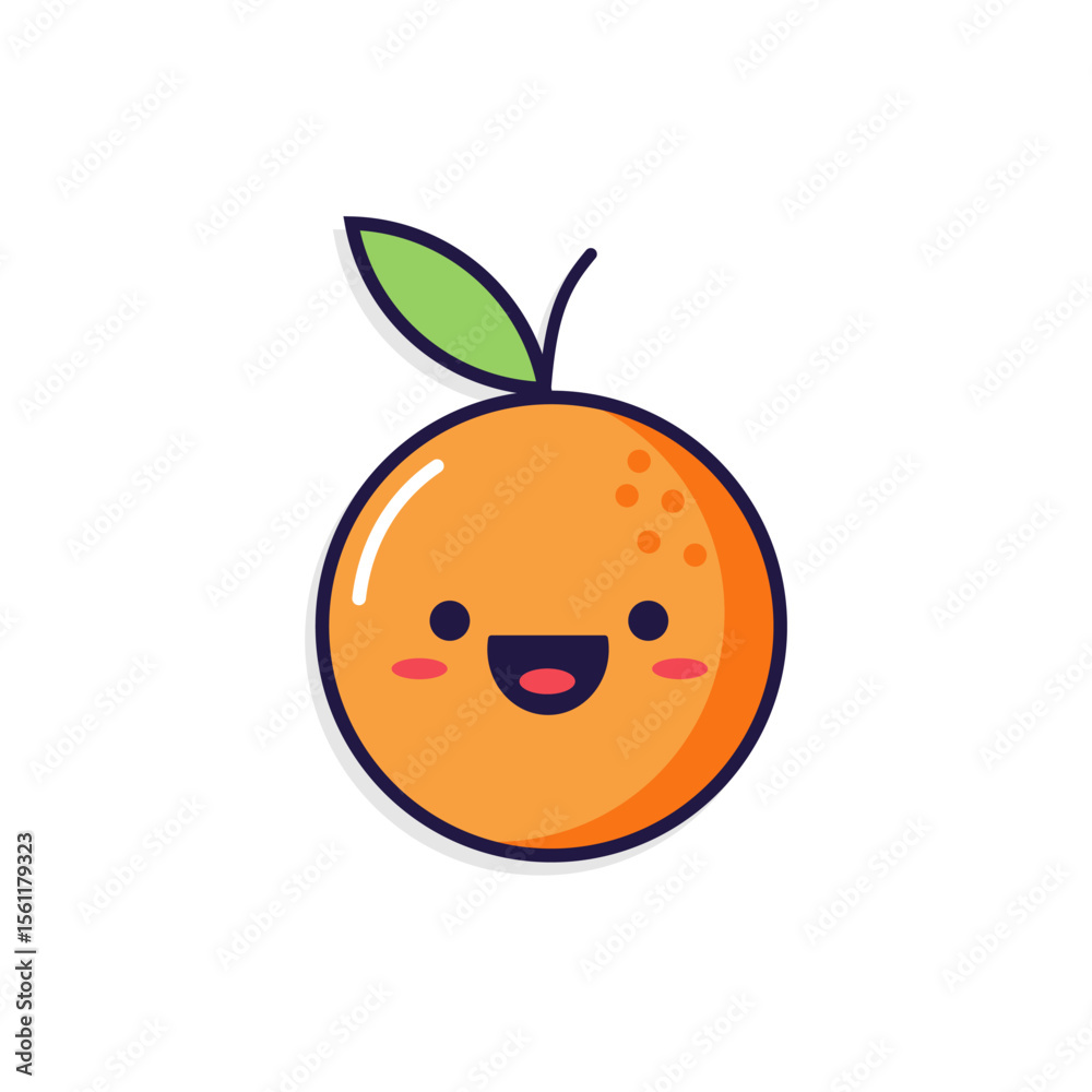 Fototapeta premium Adorable kawaii-style orange fruit vector with a happy face and green leaf. Perfect for kids’ games, fruit icons, healthy food materials, or stickers.