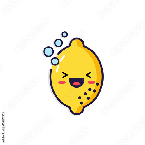 Adorable lemon vector with kawaii laughing face and fizzy bubbles. Perfect for lemonade labels, sparkling citrus drinks, or cheerful kids’ designs.