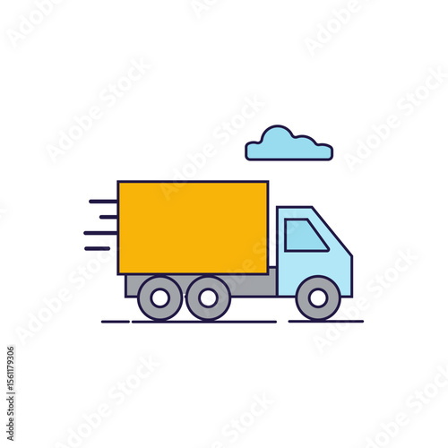 Minimal flat vector of a blue and yellow delivery truck with motion lines and cloud. Ideal for logistic apps, shipping platforms, or delivery service branding.

