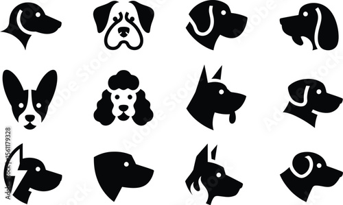 Silhouette vector faces of dog breeds in black character icon format showing playfulness and emotion