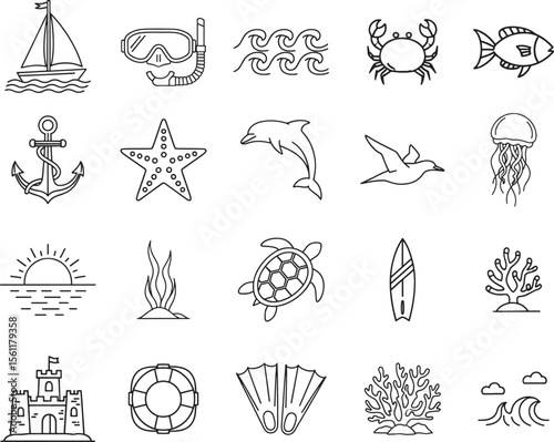 Seascape Line Art Icons: Nautical, Marine, and Coastal Illustrations for Design